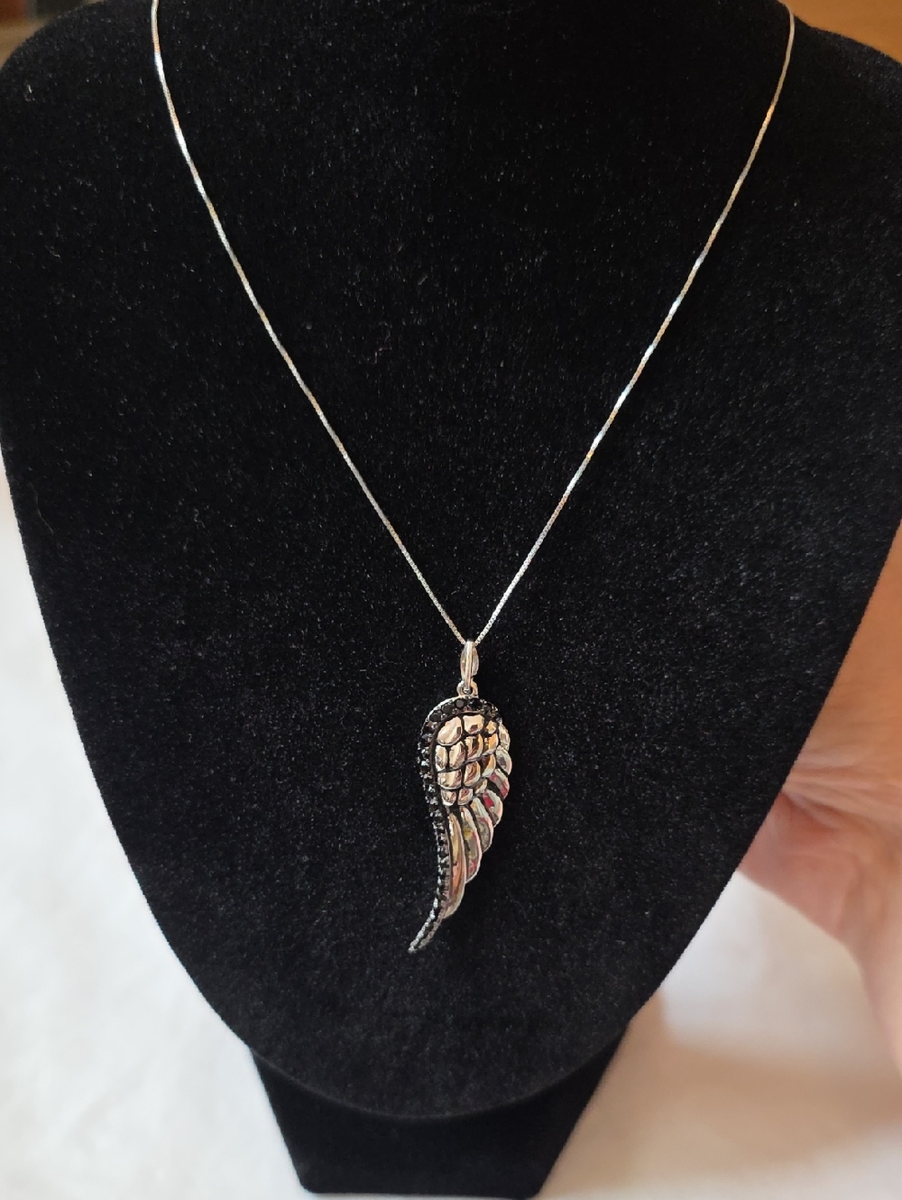 SALE Sterling Silver Angel Wing Pendant Necklace With Black Stones